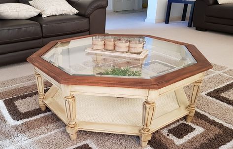 Octagon coffee table cream rustoleum java brown glaze Antique Makeover, Remake Furniture, Octagon Coffee Table, Coffee Table Restoration, Flipped Furniture, Tufted Ottoman Coffee Table, Coffee Table Redo, Round Coffe Table, Furniture Refurbishing