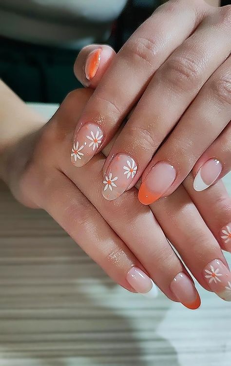 Blue Nails With Orange Flowers, Orange Flower French Tip Nails, Coral Flower Nails, Orange Nails With Flowers, Orange Flower Nails, Mom Nails, Orange Nail Art, 2023 Nails, Flowers Orange