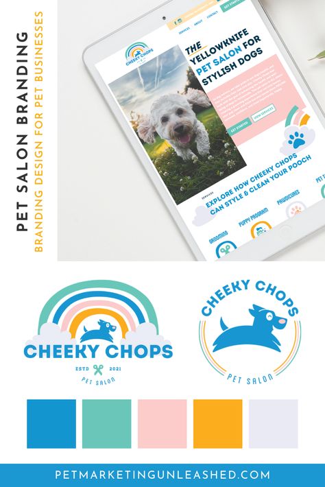 Cheeky Chops pet grooming salon got a custom branding and website design by Pet Marketing Unleashed. From a new pet business logo design, to mood board, color palette, and more, update your pet business branding and get a beautiful new wix website with PMU services. Pet Branding Color Palette, Pet Sitting Logo, Pet Marketing, Pet Services Business, Pet Brand, Pet Branding, Pet Grooming Salon, Wix Website Design, Business Website Templates