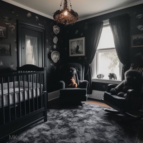 All Black Nursery, Victorian Goth Nursery, Goth Rocking Chair, Black Themed Nursery, Dark Modern Nursery, Gothic Cat Bed, Adams Family Nursery, Black Rocking Chair Nursery, Black Nursery Aesthetic