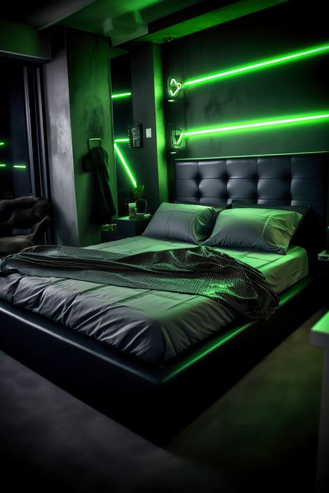 This neon bedroom showcases a modern industrial glow with gray tones and vivid green neon lights. The raw, edgy decor and sleek furniture create a contemporary and bold atmosphere. Neon Green Bedroom Ideas, Neon Boys Room, Tech Bedroom Ideas, Green Led Lights Bedroom, Neon Green Bedroom, Neon Green Room, Grey Teen Bedroom, Aesthetic Boys Bedroom, Grey Themed Bedroom