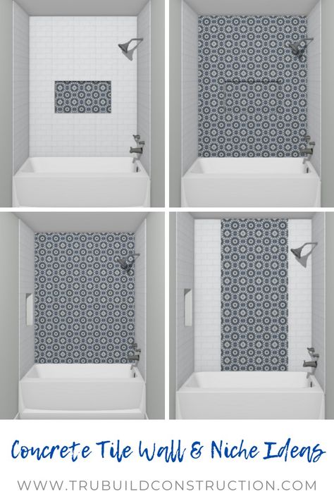 Patterned Tile Tub Surround, Tile Surround Bathtub Ideas, Bathtub Alcove Tile Ideas, Tiles Above Bathtub, Built In Bathtub Tub Surround Tile, Alcove Tub Shower Tile Ideas, Tub Surround Ideas Tile, Tile Ideas For Tub Shower Combo, Tub Surround Tile Designs