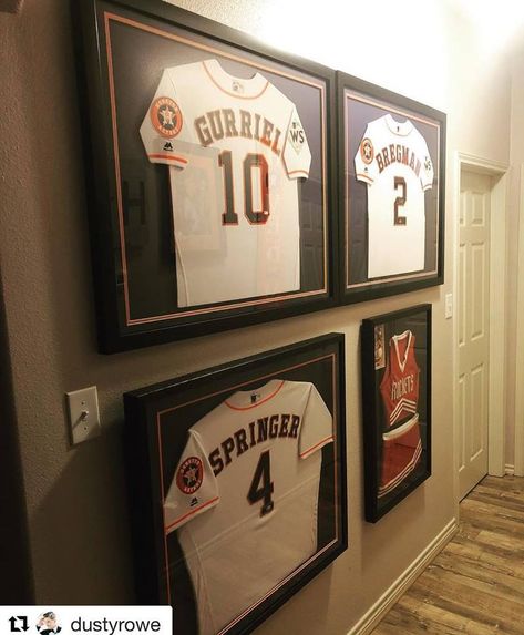 Framed Baseball Jersey, Baseball Decor, Framed Jersey, Finished Basement, Wall Ideas, Finishing Basement, Houston Astros, Kids Rooms, Baseball Jersey