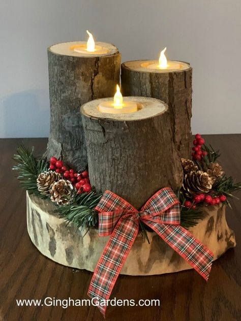 Rustic Christmas Centerpiece is a fun DIY Project Using Tree Branches and Logs with easy to follow instructions. Plus, 2 more projects using wood slices and logs. #diysnowmanusinglogs #diychristmasdecor Christmas Crafts With Tree Branches, Reindeer Logs Deer, Wood Christmas Gifts To Make, Christmas Trees Ideas Rustic, Crafts With Logs Wood Slices, Christmas Wood Centerpieces, Log Christmas Centerpiece, Rustic Christmas Centerpieces Diy, Tree Slices Ideas Diy Projects Christmas