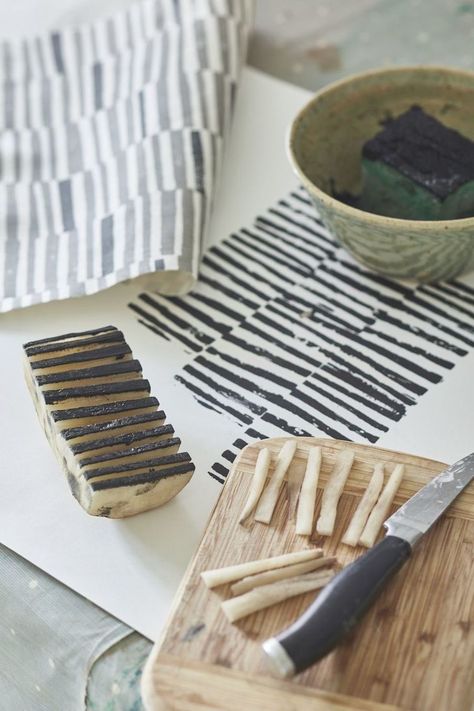 Potato print by Flora Arbuthnott – creating the ‘Hand Printed Stripe’ design. Vanessa Arbuthnott, Potato Stamp, Potato Print, Fabric Crafts Diy, Handmade Stamps, Fabric Stamping, Diy Stamp, Stamp Making, Diy Prints