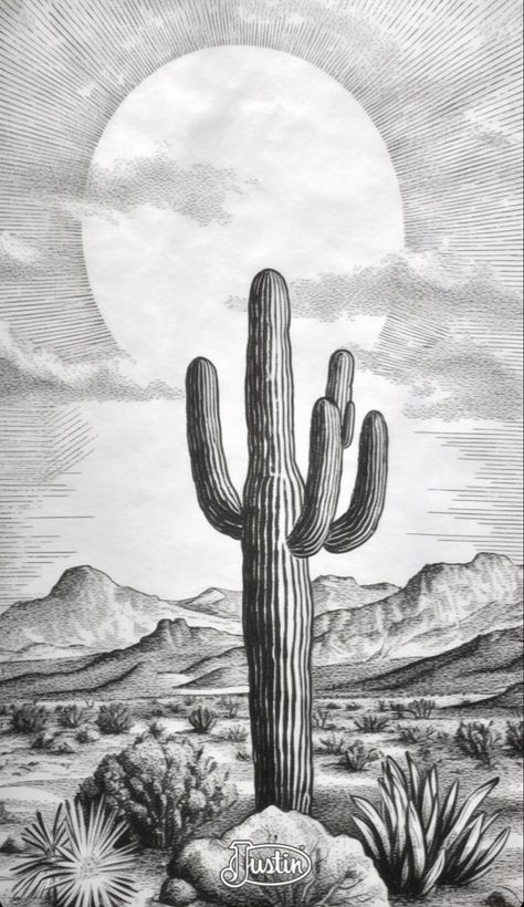 Cactus And Mountains Drawing, Arizona Drawing Ideas, Desert Cactus Drawing, Cactus Desert Drawing, Western Sketches Pencil, Western Theme Drawings, Desert Landscape Tattoo Sleeve, Western Landscape Tattoo, Desert Tattoo Sleeve