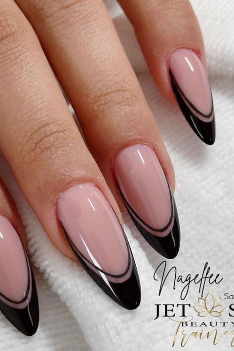 Trendy Black Nails, Black And Nude Nails, Oval Acrylic Nails, Nails With Black, Black French Nails, Boho Nails, Wow Nails, Formal Nails, Nude Nail Designs