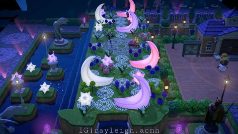 ACNH Stargazing Ideas Acnh Moon Garden, Acnh Zodiac Garden, Acnh Sitting Area Ideas, Celestial Animal Crossing, Acnh Futuristic Island, Acnh Outer Space, Acnh Star Gazing Area Ideas, Acnh Moon Ideas, Acnh Space Theme