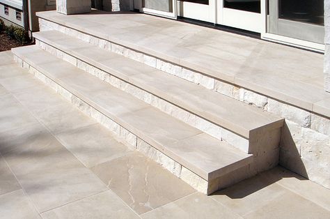 Devonshire Limestone Paving and Stairs - Stratum Finish Limestone Porch Floor, Limestone Front Entrance, Flagstone Steps Front Entrances, Limestone Entryway Exterior, Limestone Front Steps, Limestone Entrance, Limestone Front Porch, Sandstone Stairs, Front Stairs Ideas Exterior Porch