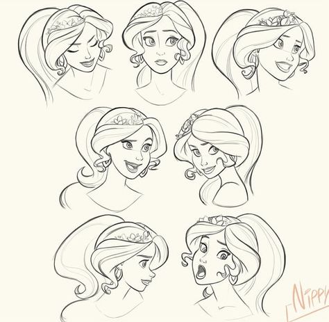 Disney Art Style, Expression Sheet, Smile Drawing, Profile Drawing, Disney Hair, Disney Princess Drawings, Princess Drawings, Disney Side, Illustration Character