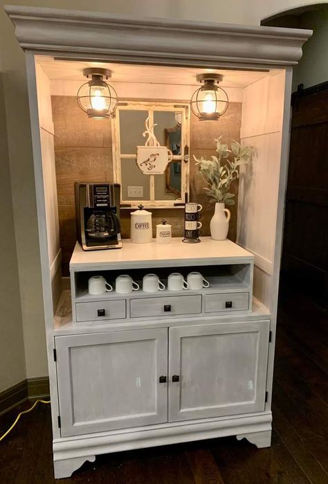 Armoire Coffee Bar Farmhouse, Armoire Coffee Bar Ideas, Coffee Vibes Aesthetic, Kitchen Counter Coffee Bar, Coffee Bar Decorations, Armoire Coffee Bar, Coffee Bar In Kitchen, Counter Coffee Bar, Bar In Kitchen