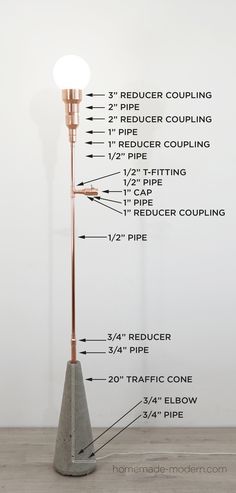 This DIY copper lamp was made out of copper pipes from Home Depot. For more information go to HomeMade-Modern.com Diy Concrete Lamp, Industrial Diy Decoration Ideas, Industrial Diy Decoration, Diy Floor Lamp, Homemade Modern, Copper Pipes, Diy Copper, Industrial Diy, Lighting Diy