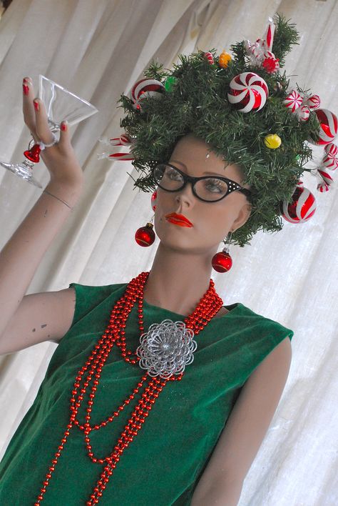 Favorite thing to decorate for the holidays is my mannequin Crazy Christmas Hat Diy Ideas, Xmas Dress Up Ideas, Diy Christmas Hat Funny, Ugly Christmas Hat Ideas, Crazy Christmas Hat, Christmas Party Costume Ideas, Ugly Christmas Dress, Christmas Costumes Diy, Funny Christmas Hats