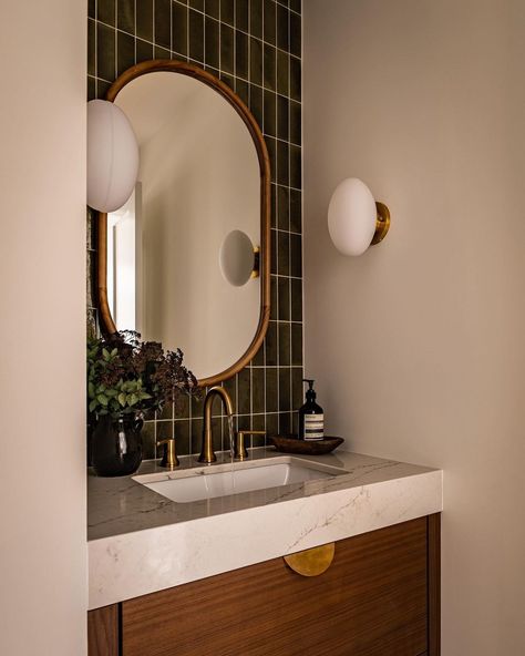 small bathroom ideas • Instagram Midcentury Modern Bathroom Design, Midcentury Modern Powder Room Ideas, Mid Century Powder Room Ideas, Mcm Half Bath, 60s Inspired Bathroom, Mcm Powder Room, Small Powder Room Ideas Half Baths, Midcentury Bathroom Design, Mid Century Modern Powder Room