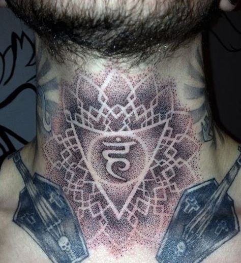 Neck Chakra Tattoo, Throat Chakra Neck Tattoo, Throat Chakra Tattoo, Geometric Throat Tattoo, Chakras Tattoo, Geometric Dotwork, Nape Tattoo, Vishuddha Chakra, Best Neck Tattoos