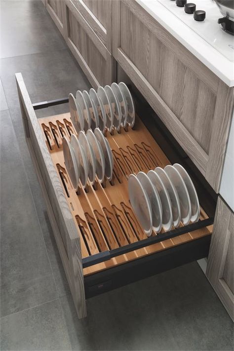 Plate Storage Drawer, Plates Storage Ideas, Luxury Kitchen Storage, Kitchen Cabinet Organization Layout, Living Room Dining Room Combo, Modern Kitchen Cabinet Design, Kitchen Pantry Design, Dining Room Combo, Kitchen Designs Layout