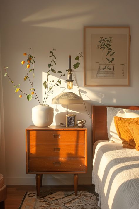 Bright Mid Century Modern Bedroom, Mid Century Primary Bedroom, Modern Eclectic Apartment Bedroom, Bedroom Color Schemes White Walls, Mid Century Modern Room Decor, Bedroom Inspirations Earthy, Cozy Mid Century Modern Bedroom, Mcm Bedroom Ideas, Mid Century Eclectic Bedroom