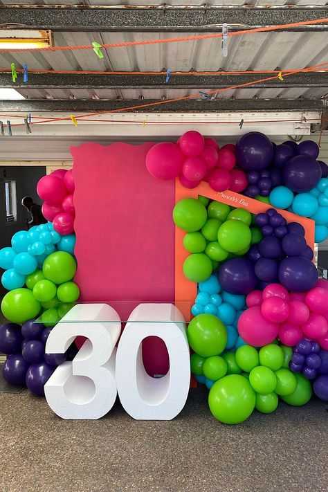 Wave Backdrop, Number Table, Birthday Door, Orange Balloons, Purple Balloons, 90s Party, Green Balloon, Purple Plum, Caribbean Blue