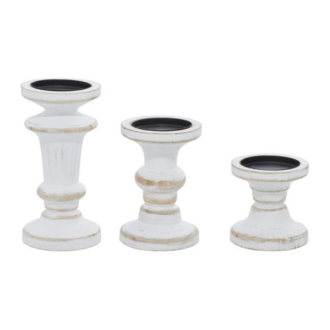 Three Posts™ Candlestick Holder Set & Reviews | Wayfair Modern Farmhouse Accessories, Candle Stands Decor, Pillar Decorations, Brown Candle Holders, Wooden Pillar Candle Holders, Wood Pillar Candle Holders, Farmhouse Candle Holders, Farmhouse Candle, Elegant Candle Holders