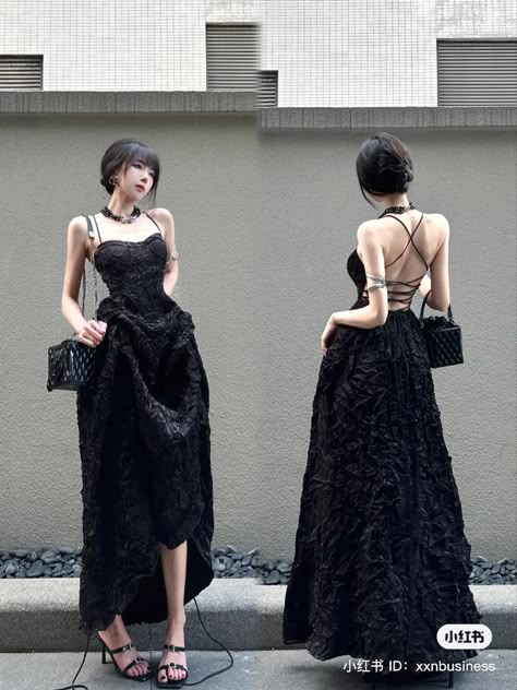 Douyin Prom Dress, Prom Dresses Douyin, Douyin Formal Dress, Douyin Cocktail Dress, Korean Prom Dresses, Grunge Prom Dress, Korean Black Party Dress, Douyin Dress, Korean Gowns Dresses Black