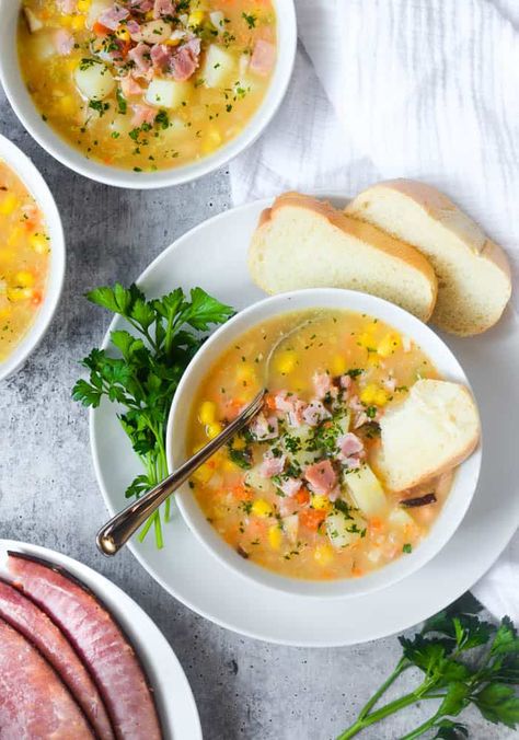 Healthy Ham and Potato Soup (Perfect for Leftovers!) | Worn Slap Out Healthy Ham And Potato Soup, Ham Soup Crockpot, Leftover Ham Soup, Creamy Ham And Potato Soup, Savory Soup Recipes, Healthy Ham, Soup Crockpot, Ham And Potato Soup, Creamy Mushroom Soup