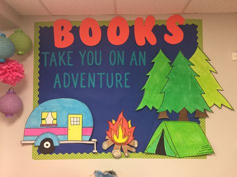 Camping Library Theme School Camping Theme Ideas, Camp Theme Book Fair, Camping Theme Library, Camping School Theme Bulletin Boards, Reading Week Themes, Adventure Begins At Your Library Decorations, Camping Reading Theme, Camp Out With A Good Book, Camping Adventure Classroom Theme