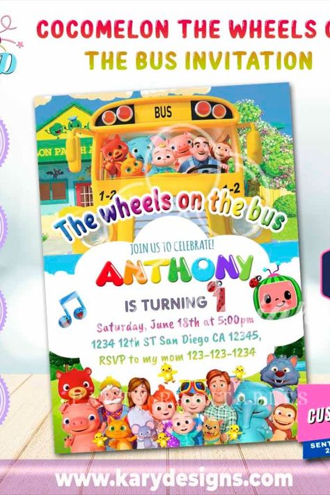 Printable cocomelon the wheels on the bus invitation Wheels On The Bus Invitation, Wheel On The Bus, Cocomelon Invitation, Bus Party, The Wheels On The Bus, Baby Birthday Invitations, 4 Birthday, Wheels On The Bus, 4th Birthday Parties