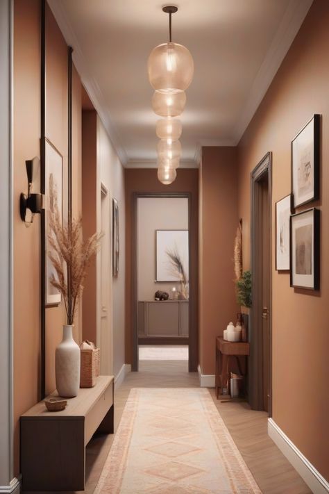 Discover the best color palettes that enhance the beauty of your hallway and make it more inviting.#ColorPalette #HallwayDesign #WarmWelcome #HomeDecor Comfy Color Palette, Hallway Terracotta, Tan Hallway, Warm Hallway Colour Schemes, Hallway Color Ideas, Cosy Hallway, Terracotta Hallway, Apartment Corridor Design, Hallway Colors