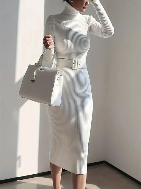 Dress With Sweater, Black Knitted Vest, White Knit Dress, Woolen Dresses, Sweater Fabric, Pullover Mode, White Bodycon, Fitted Turtleneck, White Bodycon Dress