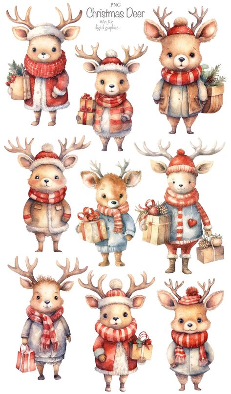 Christmas Animals Illustration, Cute Deer Drawing, Christmas Cute Illustration, Christmas Deer Illustration, Drawing Ideas Christmas, Christmas Illustration Art, Cute Christmas Animals, Christmas Digital Art, Etsy Clipart