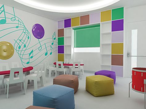 Kids Music Room on Behance Kids Music Room, Daycare Rooms, Music Room Design, Music Classroom Decor, School Decoration, Kids Interior Design, Music Room Decor, Kids Music, How To Fold Towels