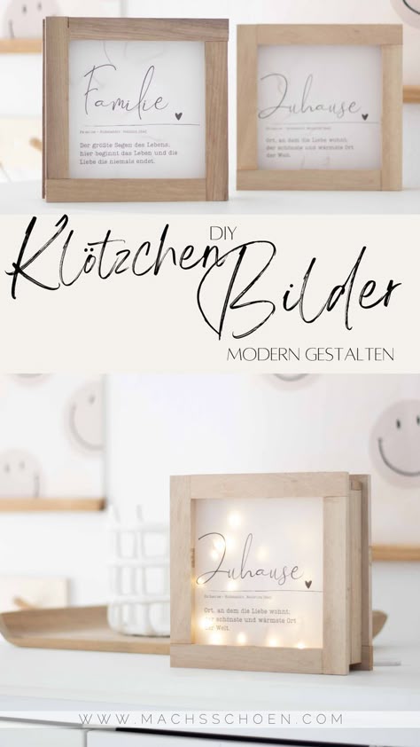 DIY Klötzchen Bilder basteln Im Beitrag zeige ich euch wie ihr diese schönen, beleuchteten Klötzchenbilder bastlen könnt. Zusätlich erhaltet ihr zwei unterschiedliche Vorlagen, die ihr euch kostenfrei downloaden könnt. #klötzchen #holzklötzchen #anleitung #bastelidee #holzdeko Easy Sticks, Diy Dice, Diy Fleur, Farmhouse Vibes, Diy Photo Frames, Diy Xmas Gifts, Diy Workshop, Welcome Friends, Diy Trends