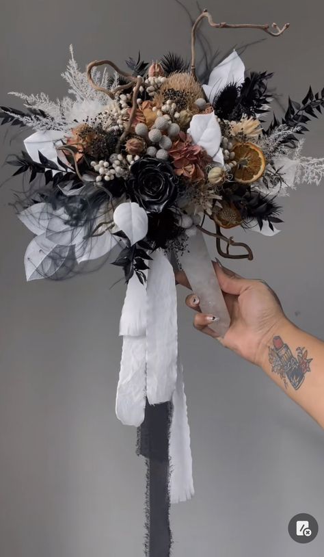 Crystal Flower Arrangements, Gothic Wedding Flower Arrangements, Black Crystal Bouquet, Witchy Floral Arrangements, Goth Flower Arrangements, Viking Elopement, Gothic Flower Arrangements, Wedding Bouquet With Crystals, Goth Wedding Bouquet