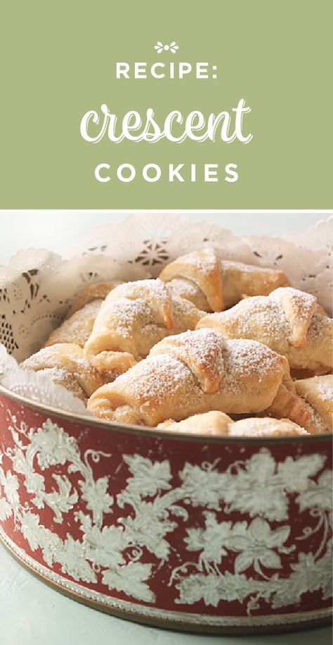 Kipfel Crescent Cookies will satisfy any sweet tooth cravings this holiday season. This recipe from Hallmark makes for a perfect side dish to your Christmas menu. Enjoy every bite of this flavorful treat, and share them with your friends and family. Russian Tea Cookies, Oatmeal Lace Cookies, Peppermint Meringues, Cookies For Christmas, Traditional Christmas Cookies, Crescent Cookies, Baking Supply Store, Raspberry Bars, Christmas Punch Recipes