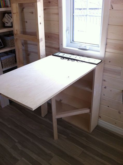 lydias-tiny-house-4- Like this collapsible table with shelves under it! Drop Table, Ice Fishing Shack, Collapsible Table, Whiteboard Paint, Hanging Leaf, Space Saving Dining Table, Table With Shelves, Tiny House Furniture, Tiny House Swoon