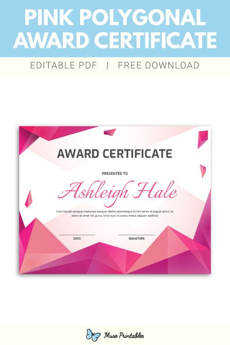 Free printable pink polygonal award certificate template. The award is an editable PDF that can be customized using Adobe Reader. Download it at https://museprintables.com/download/award-certificate/pink-polygonal/ Diy Makeup Organizer Cardboard, Office Edits, Pink Certificate, I Think Map, Certificate Design Inspiration, Free Printable Certificate Templates, Pink And Gold Background, Free Printable Certificates, Teaching Cursive