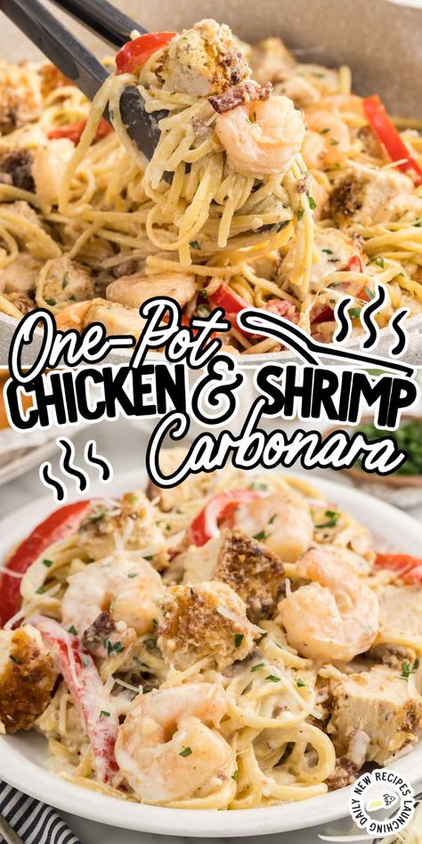 Savor the irresistible flavors of our chicken and shrimp carbonara, where tender chicken, succulent shrimp, and parmesan sauce combine for a truly decadent dining experience. Chicken Shrimp Recipes, Sausage And Shrimp Recipes, Shrimp Rolls Recipe, Creamy Carbonara Sauce, Chicken And Shrimp Carbonara, Shrimp Carbonara, Holy Cannoli, Chicken Shrimp, Breaded Chicken Breast