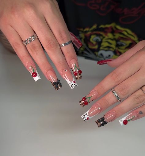 Cheetah print nails with cherries Y2k Square Nails, Junk Nails, Red Y2k, Cheetah Nails, Cherry Nails, London Nails, Grunge Nails, Y2k Nails, Animal Print Nails