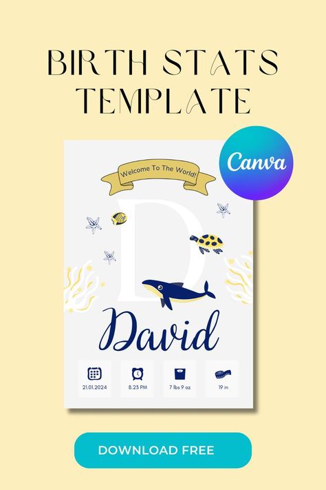 Announce and cherish the arrival of your little one with our free Canva template for birth stats! Customize and create beautiful keepsakes featuring your baby's birth details such as their name, date of birth, weight, and length. Whether you're designing birth announcement cards or nursery wall art, this template allows you to capture and share the joy of your baby's arrival. Download the template and start personalizing your own birth stats keepsake.
#canva
#diy baby birth stats
#BirthStats Stats Design, Birth Stats Template, Free Birth, Birth Announcement Cards, Baby Birth Stats, Birth Announcement Card, Birth Details, Baby Arrival, Birth Stats