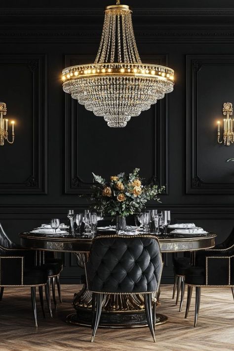 Add vintage glam to your dining room with elegant decor and classic touches. #VintageGlam #DiningRoomDecor #ElegantLiving Dark Glam Dining Room, Vintage Glam Dining Room, Black Dining Room Ideas, Glam Dining Room Ideas, Old Hollywood Interior Design, Hollywood Interior Design, Vintage Glam Fashion, Glam Dining Room, Glam Dining