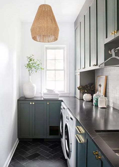 Narrow Laundry, Transitional Laundry Room, Green Laundry, Mudroom Laundry Room, Laundry Room Layouts, Laundry Room Ideas, Laundry Room Cabinets, Laundry Room Remodel, Laundry Room Inspiration