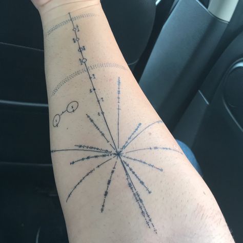 Voyager Pulsar Map Tattoo, Pulsar Tattoo, Pulsar Map Tattoo, Voyager Tattoo, Pulsar Map, Ruler Tattoo, Watercolor Tattoo Sleeve, Astronomy Tattoo, Map Tattoo