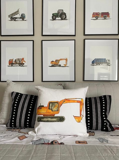 Truck Bedroom For Toddler, Little Boy Bedding, Boys Vehicle Bedroom Ideas, Construction Truck Bedroom, Truck Bedroom For Boys, Truck Themed Boys Room, Construction Bedroom Boys, Construction Toddler Room, Excavator Painting