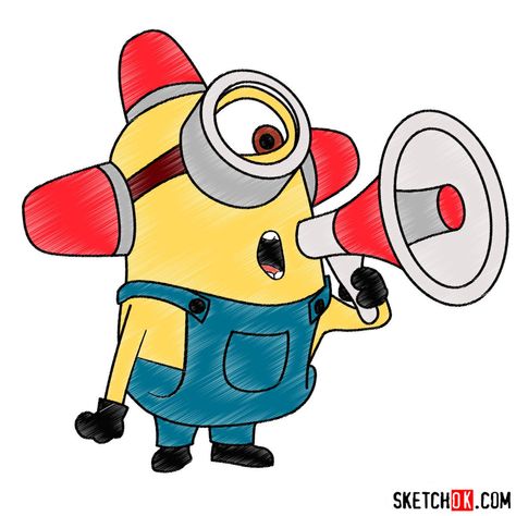 How to draw minion Carl with a loudspeaker - Step by step drawing tutorials Minions Doodle Art, Minons Drawings, How To Draw Minions, Minion Art Paintings, Minion Drawing Cute, Minions Drawing, Draw A Minion, Minion Painting, School File