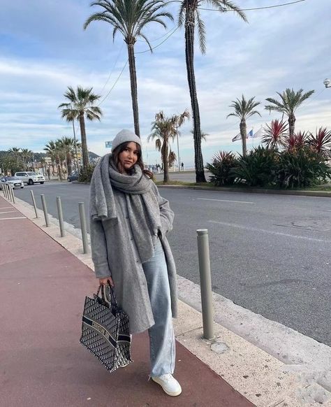 Light Grey Coat Outfit Women, Light Grey Scarf Outfit, Long Grey Coat Outfit Winter, Long Grey Jacket Outfit, Light Gray Coat Outfit, Grey Scarf Outfit Winter, Gray Hat Outfit, Gray Trench Coat Outfit, Dior Scarf Outfit