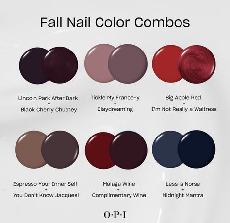 Natural Nail Fall Colors, Opi Fall Nails 2024, Opi Now Museum Now You Dont, Opi Gel Polish Combos, Fall Nail Combinations, Fall Nails Two Colors, Shades Of Maroon Nails, Fall Nail Pairings, Opi Sns Powder Colors Fall