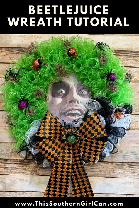 Make your own awesome Beetlejuice wreath using my easy to follow tutorial! Beetlejuice Wreath Diy, Halloween Door Decorations Beetlejuice, Beetlejuice Wreath, Beetlejuice Worm Diy, How To Make Beetlejuice Sandworm, Beetlejuice Sign Diy, Bettle Juice Wreath, Fun Diy Halloween Decorations, Halloween Door Wreaths