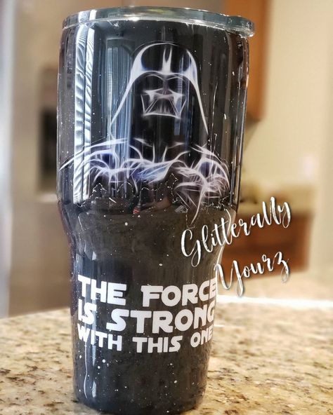 The Force is Strong with this One!  We all know someone like that!! This beauty is available now on my etsy store! See link in bio or… Star Wars Tumbler Ideas, Star Wars Tumbler, Cricut Tumblers, Tumblr Cup, Resin Tumblers, Epoxy Tumblers, Funny Coffee Cups, Custom Tumbler Cups, Tumbler Cups Diy