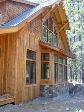 Wooden Siding Exterior, Board And Batten Cabin Exterior, Shingle Cabin, Cabin Exterior Color Schemes, Cabin Exterior Colors, Vermont Cabin, Bay Window Exterior, Lodge Exterior, Exterior Siding Options