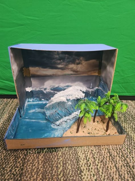 Natural Disasters Display, Tsunami Model Projects, Tsunami Diorama, Geology Exhibition, Weather Projects, Ocean Artwork, Science Projects For Kids, Sunday School Activities, Natural Disaster